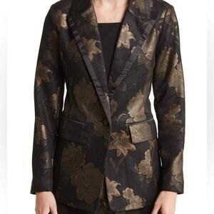 Avec Les Filles Women's Black Copper Floral Jacquard Tuxedo Blazer Jacket Medium